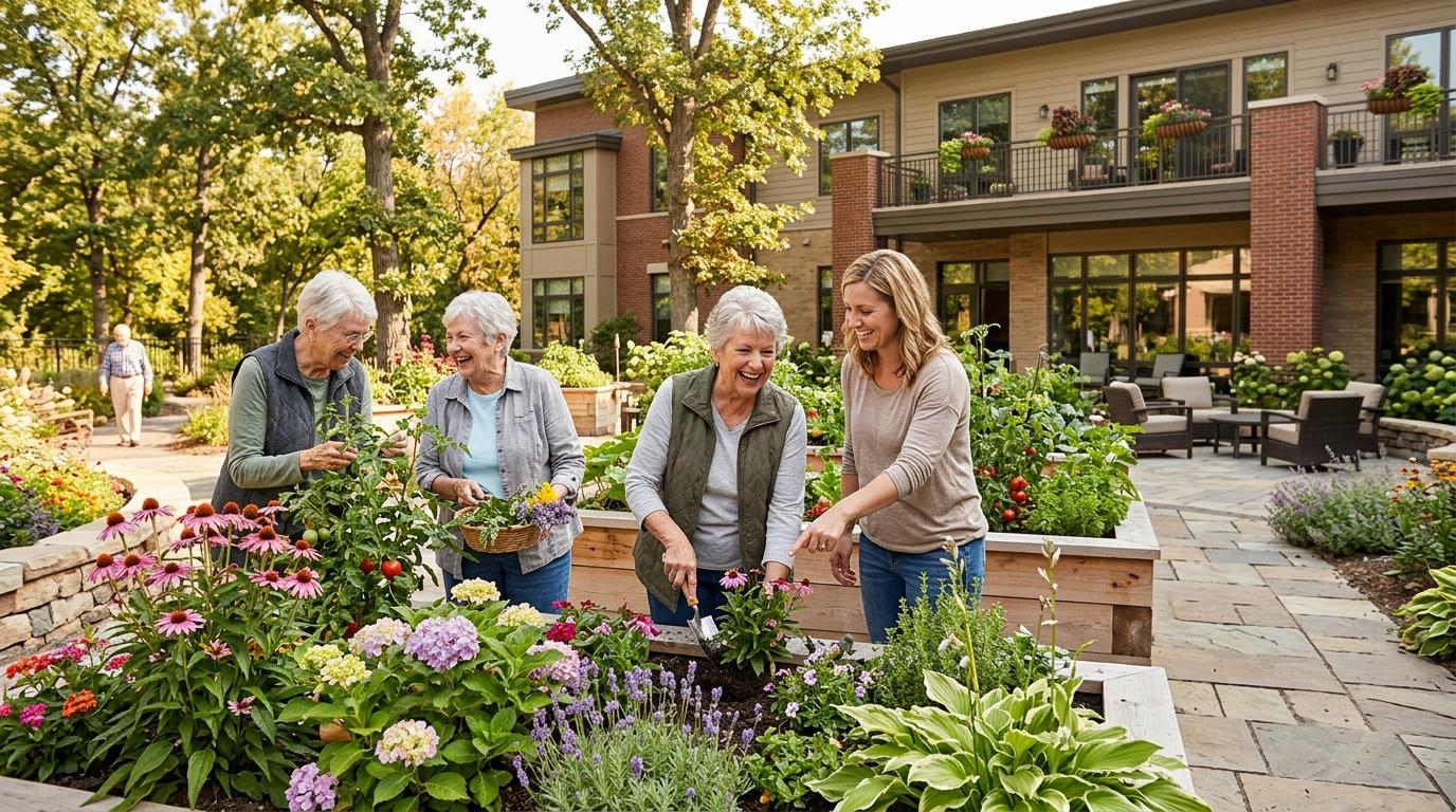 A group of seniors and a family member enjoy gardening together in a modern, welcoming assisted living community at Minnehaha Senior Living.