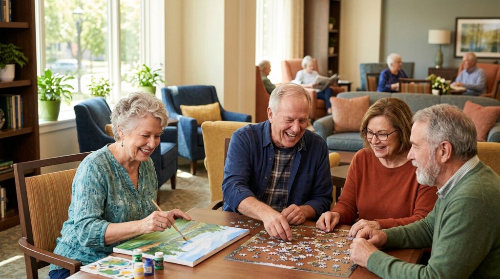A group of seniors gathered around a table and participating in different activities, including putting together a jigsaw puzzle and painting a picture. 