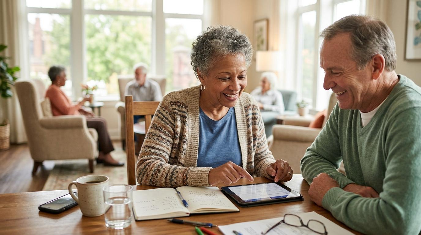 Senior reviewing insurance and financial planning documents at a desk, exploring tools for retirement living options.