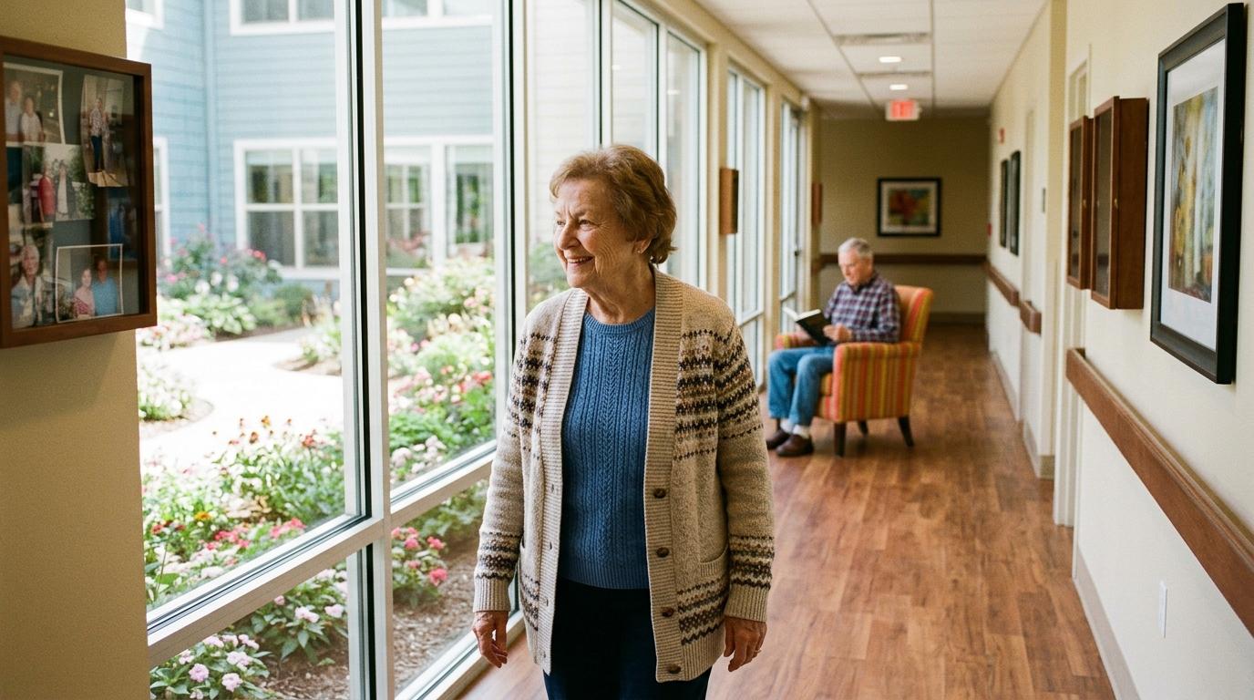 A senior looks at the beautiful view outside the window as another senior behind her sits in the hallway, reading a book.