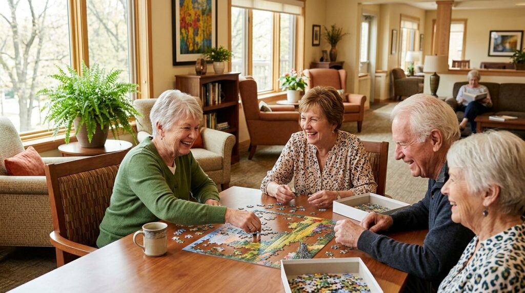 Seniors laughing and engaging in group activities at a Minneapolis senior living community, enjoying connection and belonging.