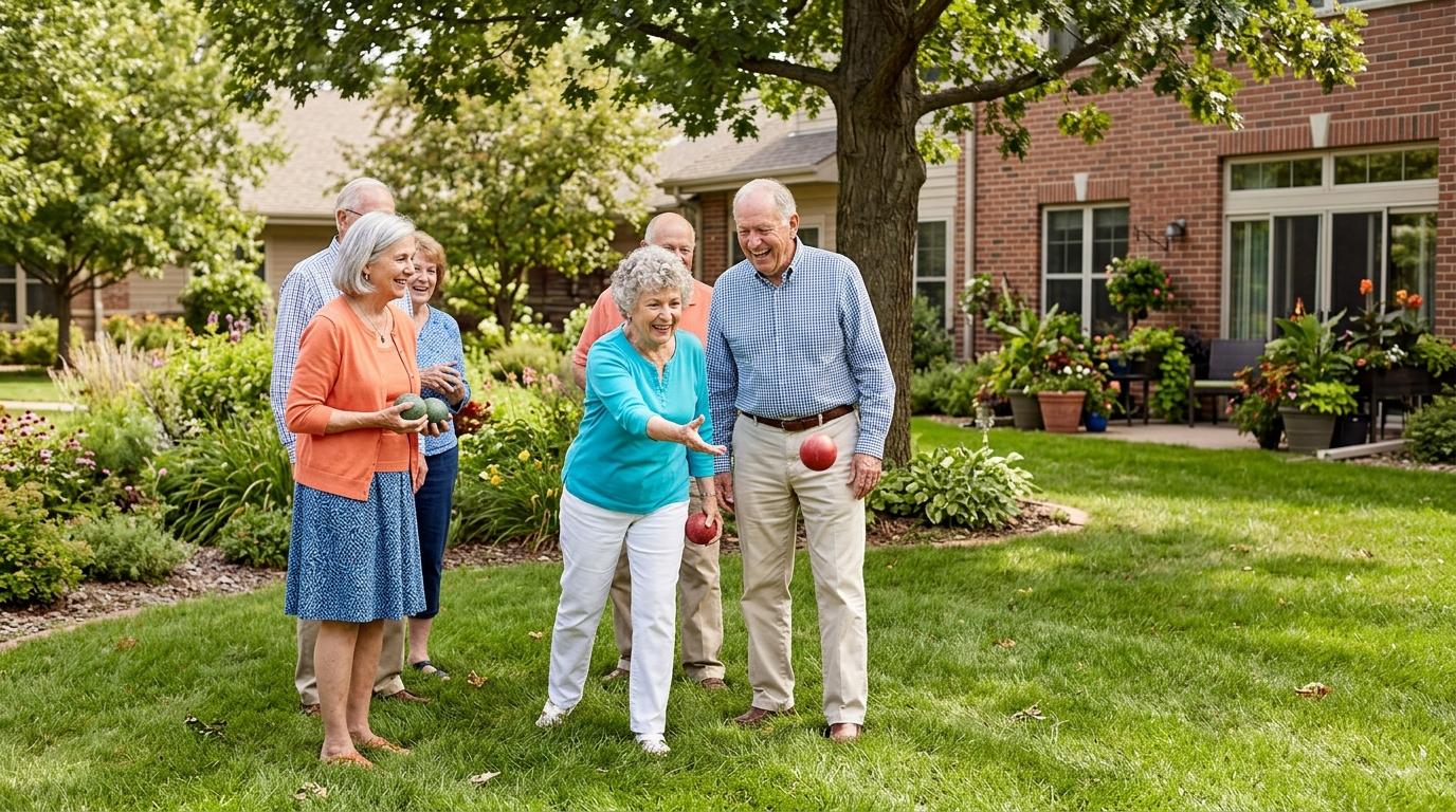 Seniors laughing and socializing together in a bright communal space at Minnehaha Senior Living in Minneapolis.
